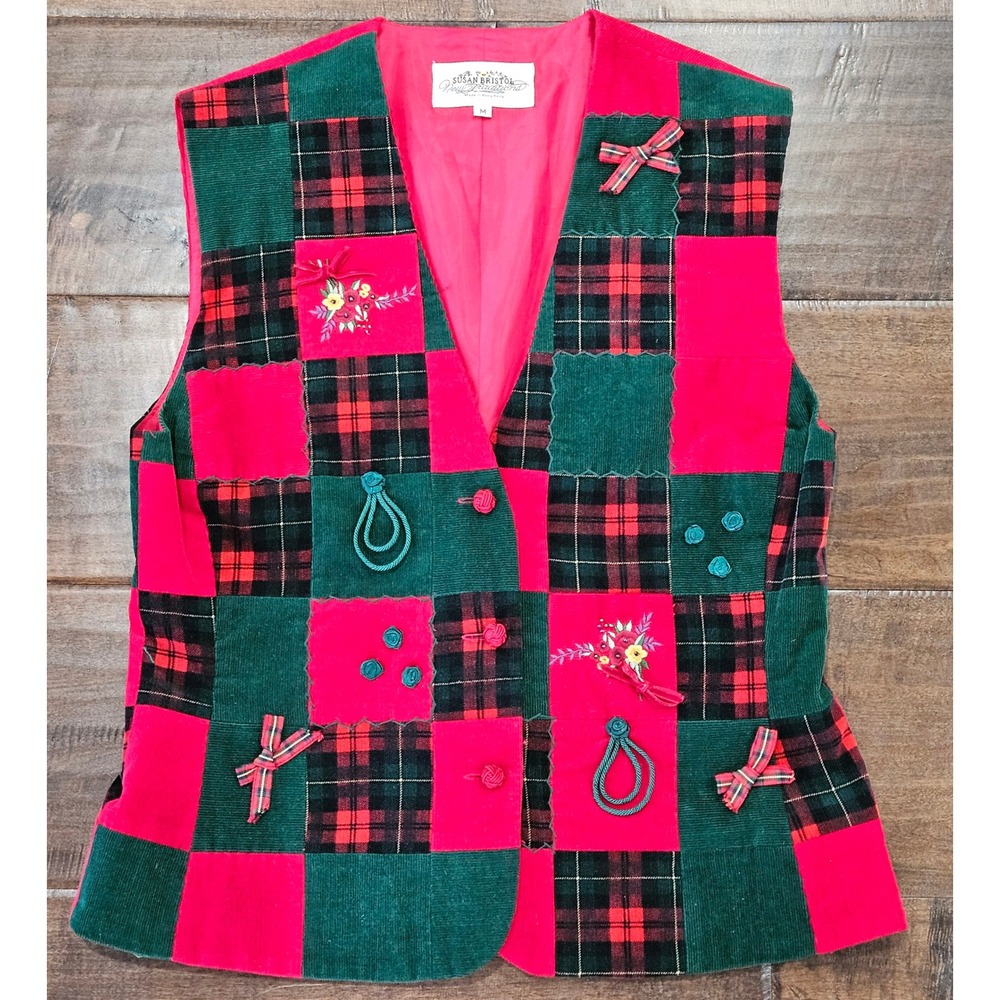 VTG Whimsical Floral Christmas Teacher Corduroy Patchwork Vest Red Green Plaid M